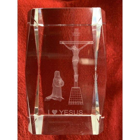 Jesus Cross Mary Laser Etched 3D Crystal Glass Cube Paperweight - Picture 6 of 7
